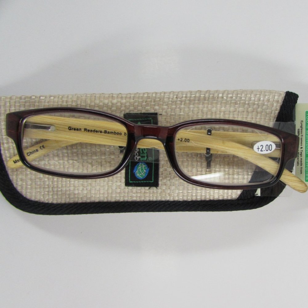 Select-A-Vision Green Readers Bamboo +2.00 Brown Reader Glasses & Matching Case